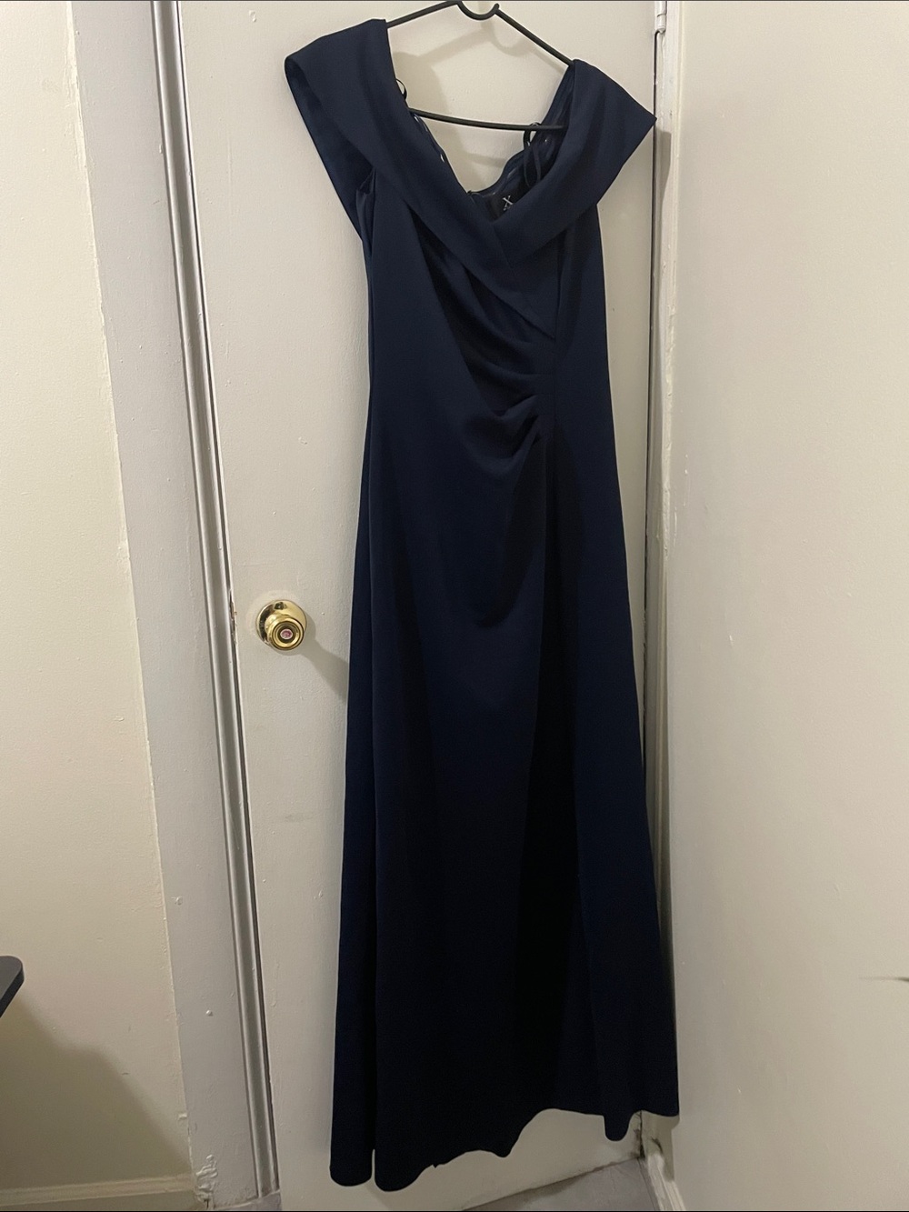 Xscape Navy Off-Shoulder Draped Evening Gown